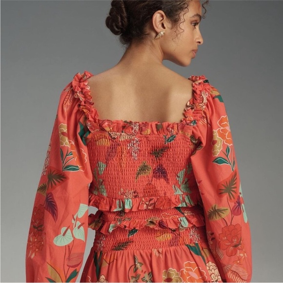 Farm Rio Anthropologie Smocked Ruffle Mini Dress Large Coral Long Sleeve Orange - Picture 3 of 12